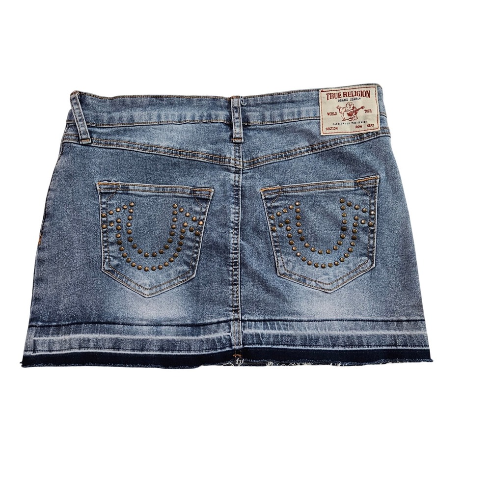 True Religion Womens Y2k Studded Horseshoe Denim Dip Dye Hem Mini Skirt Sz 28